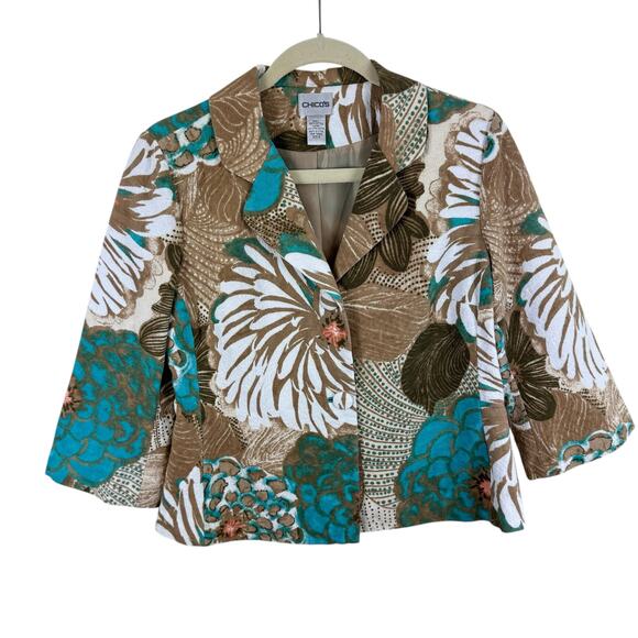 Chico's 100% Cotton Colorful Tapestry Floral Collared Blazer Jacket Women's Sz S - Picture 1 of 6